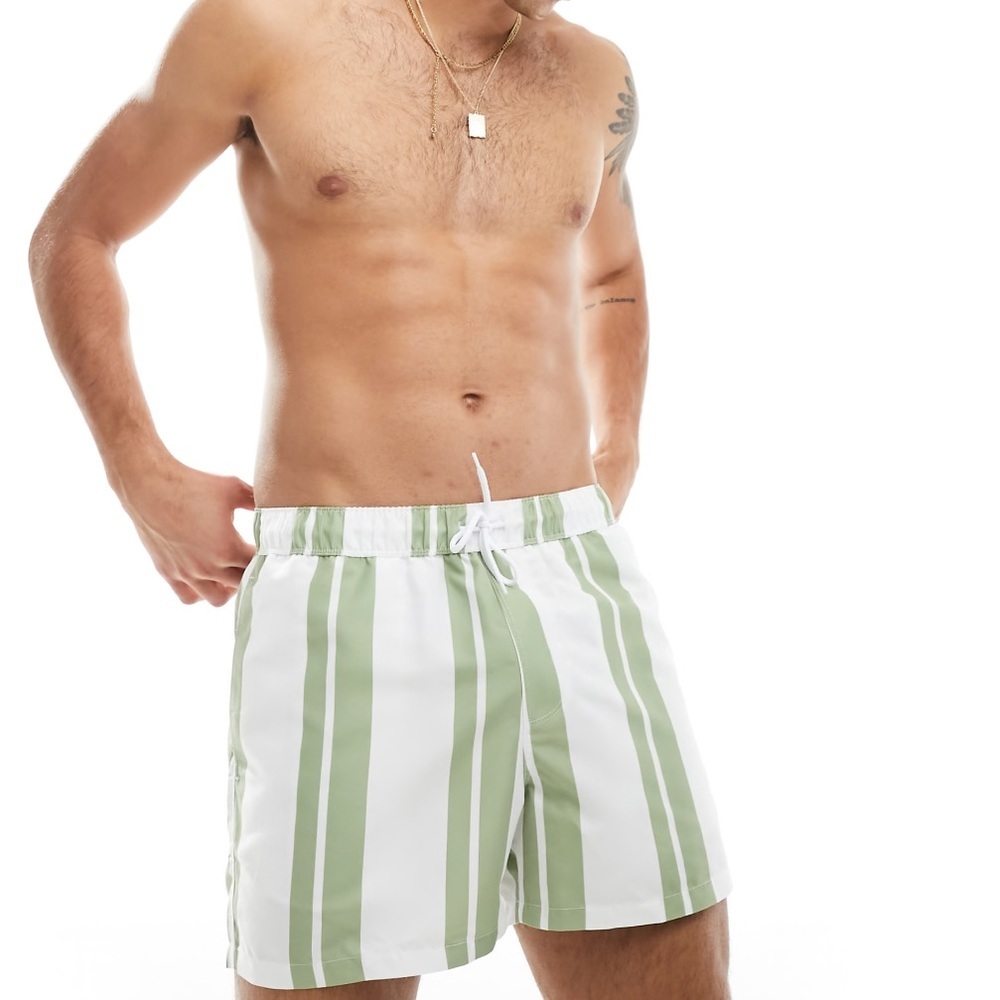 ASOS DESIGN striped swim shorts in short length in sage green